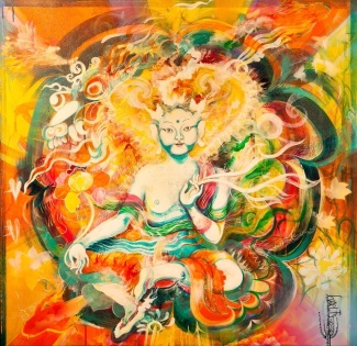 White Tara No.1 for Agnus, there are some paintings when my Spirit opens right up, this was one of them. Made for Agnus who moved on from this life, it was a canvas gifted to me by her bereaved partner. The image of the White Tara came to me in a meditation and so that is what I painted. It was a learning experience which involved researching Tibetan Art and meeting friend and mentor, Romio Shrestha, who is a 17th reincarnated Tibetan artist and all around amazing human, full of love and passion. Once completed I contacted the fellow who left me the canvas and invited him over for a viewing, turns out the last picture Agnus drew was of the White Tara. You can Romio's work at www.romioshrestha.com