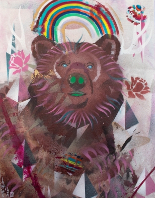 rainbow grizzly, made with the help of Emma, a 7 year old with a heart of gold who saw I was live painting and was more than willing to collaborate. (acrylic spray paint on canvas)